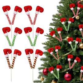 6 PCS Christmas Elf Legs Picks Xmas Tree Topper Decorations, 12 Inch Striped Plush Stuffed Red Elf Feet Ornaments Vase Filler Home Holiday Office Party Decor