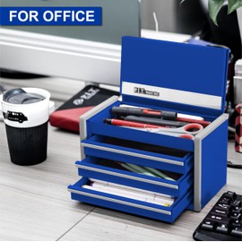 P.I.T. Mini Blue Tool Box, Portable 3 Drawer Steel Tool Box with Magnetic Tab Locking, Blue Micro Top Chest with Liner for Tools Storage, Home DIY