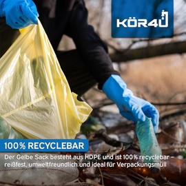 kör4u Yellow Sack with Drawstring - 10 Rolls (130 Pieces), 90 Litre Rubbish Bags, 15 Micron Thick, Tear-Resistant, Recycling Bags for Packaging Waste