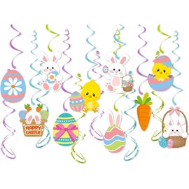 Pack of 16 Easter Ceiling Hangers, Spiral Garlands, Easter Bunny Hanging Spirals Garland, Easter Egg, Easter Decoration, Spirals Streamers, Hanging Swirl Decoration for Easter Party Supplies,