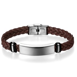 JewelryWe Unisex Braided Leather & Stainless Steel ID Bracelet with Engraving, Customisable, Stainless Steel