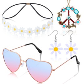 4 Pcs Hippie Costume Accessories Set 70s Peace Sign 60s Outfits for Women Necklace Daisy Earrings Flower Headband Sunglasses