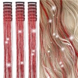 ZYXQZYX ZYXQZYX Hair Tinsel Kit Pack of 18 Pcs Hair Tinsel Clip in 19.6Inch Glitter Tinsel Hair Extensions Heat Resistant Clip in Hair Tinsel Sparkle Fairy Hair Accessories for Kids Girls Women (Red)