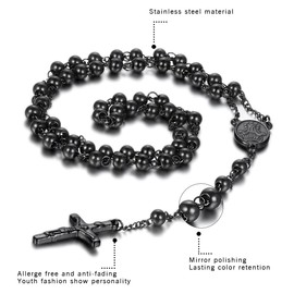 OIDEA Stainless Steel Mens Womens Vintage Religious 6MM Beads Jesus Crucifix Cross Rosary Pendant Necklace,Silver Black