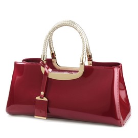 Glossy Faux Patent Leather Structured Shoulder Handbag Women Evening Party Satchel (Red) Medium