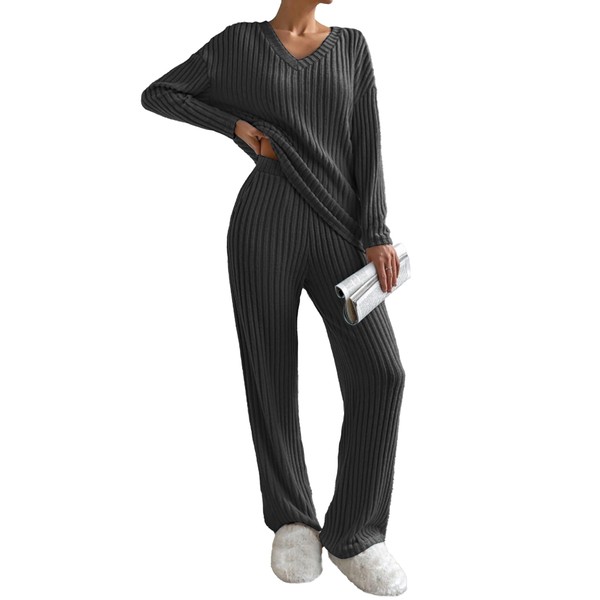 Famulily Ribbed 2 Piece Lounge Sets Women Oversized Long Sleeve