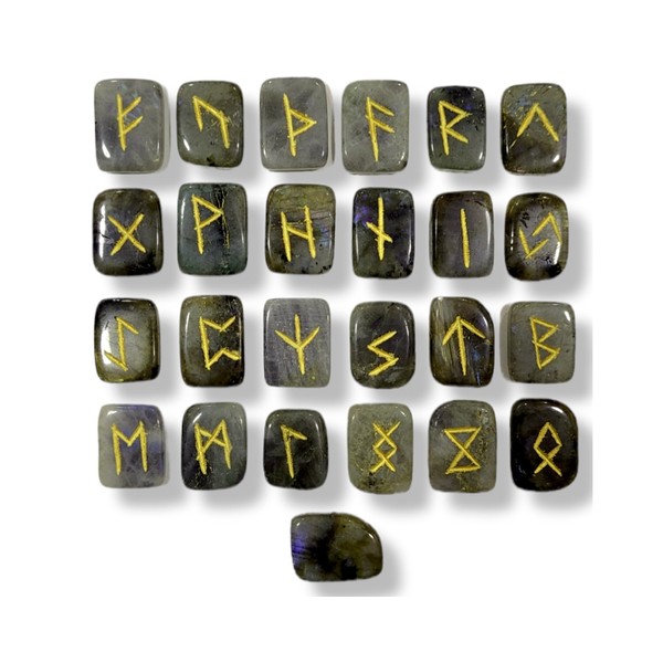 Empyreal Stones Labradorite Runes Crystal Rune Stones Set Elder Futhark Viking Gemstone Reiki Healing Golden Engraved Runic Alphabets (Labradorite)