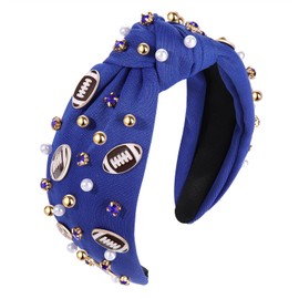 Football Headband Pearl Rhinestone Jeweled Knotted Headband Fun Football Embellished Wide Hairband Game Day Hair Accessories Gift for Football Mom