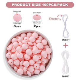Kogcmeetl 100Pcs Silicone Beads, 12mm Silicone Beads for Keychain Making Rubber Silicone Focal Beads Bulk Loose Beads for Pens Necklace Bracelet Crafts Making (Pink)
