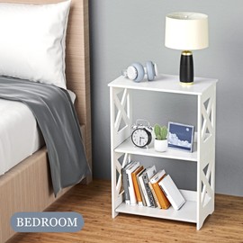 BYFU 3-Tier Side Table, Small End Table with Storage Shelf, White Nightstand Bedside Table Updated Bookshelf Bookcase Display Rack for Bedroom Bathroom Living Room Office