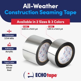 ECHOtape PE-M4535 | All Weather Construction Seam Tape | Indoor-Outdoor Construction Tape | UV Resistant | House Wrap Seaming Tape | Vapor Barrier Tape | Silver | 2.83 in x 54.6 yds