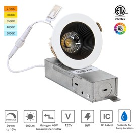 YUURTA 2-Inch 9W Deep Anti Glare White Trim Black Baffle Recessed Ceiling LED Downlight (Pot Light) Color Selectable 2700K-5000K CRI90+ Dimmable 600lm 120V ETL Listed IC Rated (RWB 6-Pack)