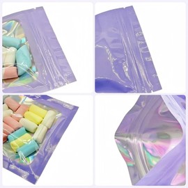 Rimiko 150pcs Ziplock Mylar Bags with Clear Window, Resealable Holographic Bags, Self-Sealing Aluminum Foil Pouches for Packaging and Food Storage (Holographic Purple, 2.75"x3.9")