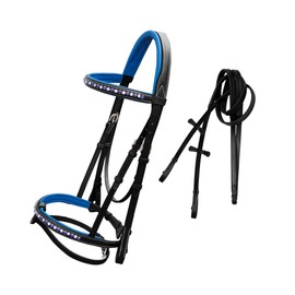 Exion Bling Bridle for Horses White & Dark Blue Bling Crystals Browband & Snaffle Noseband with Dark Blue Calf Padding & Rubber Reins | English Jumping Bling Bridle for Horses