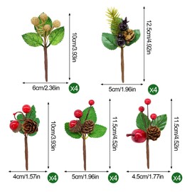 Shining She 20PCS Christmas Artificial Pine Cones, Mini Stimulation Red Berry Cones Stems Bouquets Decor Artificial Pine Picks for Xmas Flower Arrangements Wreath Tree Decoration