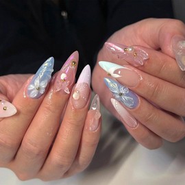 24pcs Blue Pink Long Almond Fake Nails Flower French Tip Press on Nails With Gold Rhinestones Butterfly False Nails With Glue Glossy Acrylic Artificial Fingernails Women Summer Nail Art Supplies