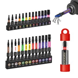 GEINXURN 26-Piece Torx Screwdriver Bit Set, Impact-Resistant T7-T40, 25 mm, 50 mm Length, 1/4 Inch Hex Shank, S2 Alloy Steel Screwdriver Bit Set with 1-Piece 60 mm Magnetic Bit Holder, Colour-Coded
