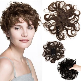 ICRAB 7" Short Curly Human Hair Toppers for Women Light Brown,2.76x3.94 Small Area Clip Top in Hair Pieces Natural Wavy Short Hair Topper Wiglets Hairpiece for Slight Thinning Hair