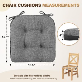 downluxe Indoor Chair Cushions for Dining Chairs, Tufted Overstuffed Textured Foam Kitchen Chair Pads with Ties and Non-Slip Backing, 15.5" x 15.5" x 4", Dark Grey, 4 Pack