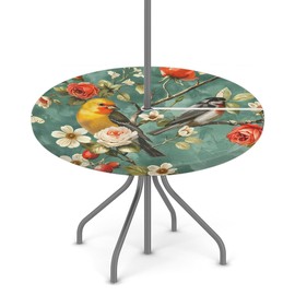 KNEMI Outdoor Round Tablecloth with Umbrella Hole, Birds Flowers Patio Table Cover Fitted Tablecloth Waterproof Umbrella Table Cover for Party Picnic,Fit for 36"-44" Round Tables