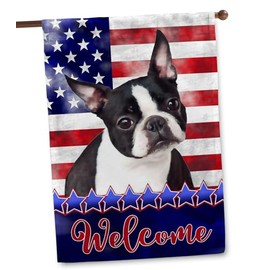 Flagology, Stars and Stripes Boston Terrier – House Flag 28" x 40", Outdoor Flag, Exclusive Premium Fabric, Patriotic, July 4th, Dog, Boston Terrier