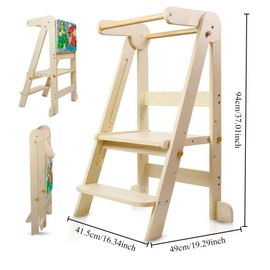 Foldable Montessori Toddler Tower with 3 Adjustable Height, Wooden Toddler Learnig Stool & Kitchen Stools Helper for 1-3 Year Olds, Convertible Standing Stool with Detachable Drawing Board