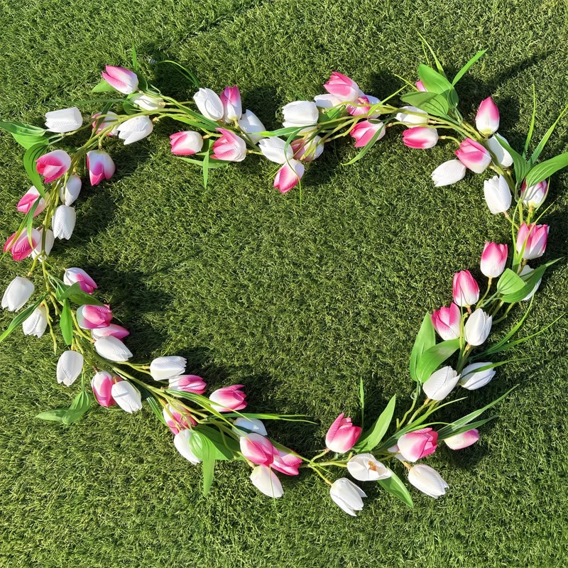 Artificial Tulip Garland，6ft Flowers Garland with Green Leaves Wreath Flower