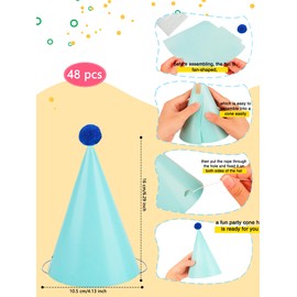 Rcanedny 48 Pcs Colorful Party Cone Hats Rainbow Birthday Party Hats with Pom Poms Paper Cone Hats for Birthday Christmas New Year Party Favor, 8 Colors