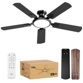 TCL 52" Low Profile Ceiling Fan with Light, Slim, Black, Flush Mount, DC Reversible Motor, 6 Speeds, Remote Control, Noiseless, Dimmable, LED Light, 3CCT, Modern Matte Black Ceiling Fan for Bedroom