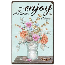 Hobbspring 1pc Vintage Metal Tin Sign 20x30cm Retro Iron Fresh Flowers Sign Enjoy The Little Things Flower Plaque Poster for Home Garden Cafe Outside Porch Patio Wall Decor