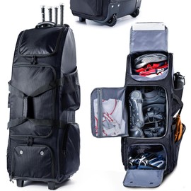 VIGEGARI Large Baseball Bag with Wheels for 4 Bats - Softball Bag with Fence Hook for T-Ball Bat & Equipment, Black, Large with wheels