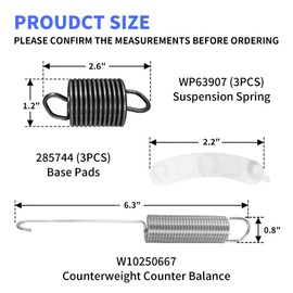 Washing Machine Spring Kit includes 3 Pcs WP63907 Suspension Spring, 1 Pc W10250667 Counterweight Spring, 3 Pcs 285744 Base Pad Set Compatible with Whirlpool Kenmore Washers