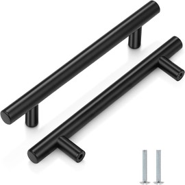 5 Pack Kitchen Cupboard Handles Stainless Steel Kitchen Door Handles Brushed Cabinet Handles Wardrobe Drawer (5 Pack Black, Hole Centre 128mm)