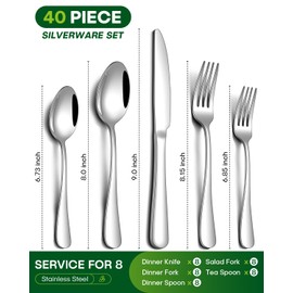 PHILIPALA 40 Piece Silverware Set, Stainless Steel Flatware Set for 8 Food Grade Cutlery Utensil Set Include Knife Fork Spoon Mirror Polished Dishwasher Safe