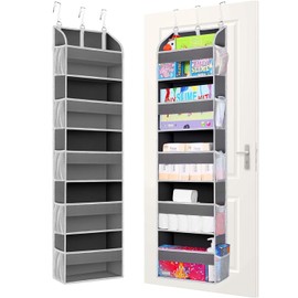 YMCLUB Over the Door Organizer, 5 Shelf Hanging Storage with Large Pockets, 44 lb Load, 15.7x5.5x57.8 Inch, for Bedroom, Bathroom, Pantry, Nursery (Grey)