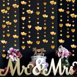 Gold Hanging Heart Garland Hanging Sparkling Love Heart Streamer Glitter Heart Bunting Banner Twinkle Heart Backdrop for Wedding Engagement Valentines Galentines Birthday Party Decor 40 Feet