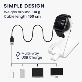 kwmobile USB Ladegerät kompatibel mit Garmin Venu Sq/Venu 2S / Fenix 6 / Fenix 5 / vivoactive 3 - USB Kabel Charger Stand - Smart Watch Ladestation - Ladekabel mit Standfunktion in Schwarz Silber