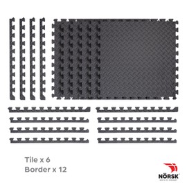 Norsk Foam Floor Gym Mats with Interlocking Tiles, .47" Thick, 24"x24", 24-Pack, 96 Square Feet, Diamond Plate Design, Grey