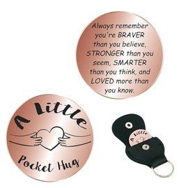 Pocket Hug Token, Stainless Double Sided Encouragement Pocket Hug Token Gift with PU Leather Keychain, Inspirational Long Distance Relationship Keepsake for Family, Friends, Lovers