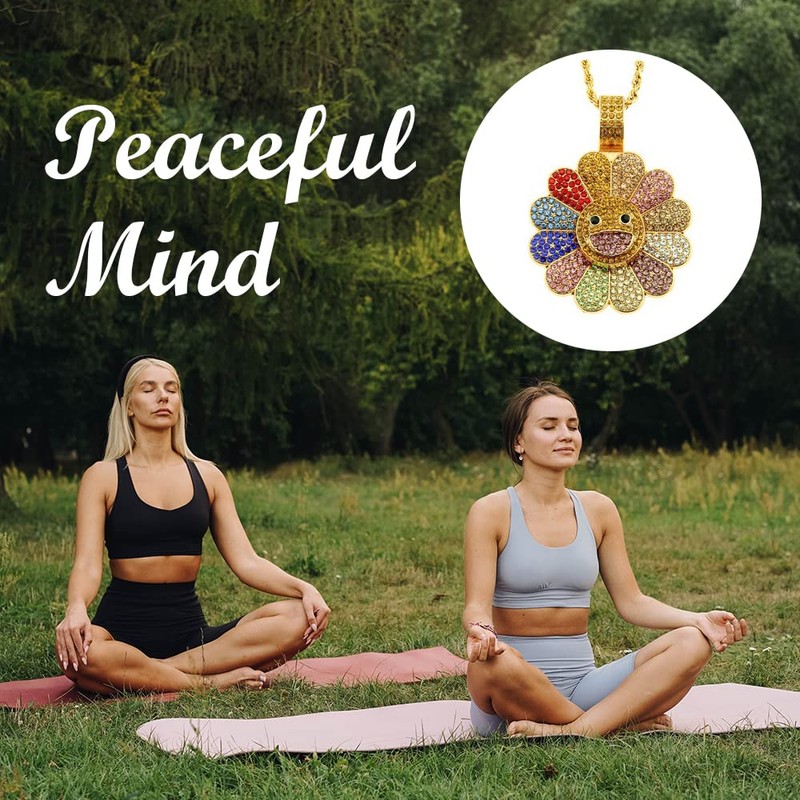 Sunflower Colorful Petal Smiley Face Necklace Rotatable Hip Hop Pendant
