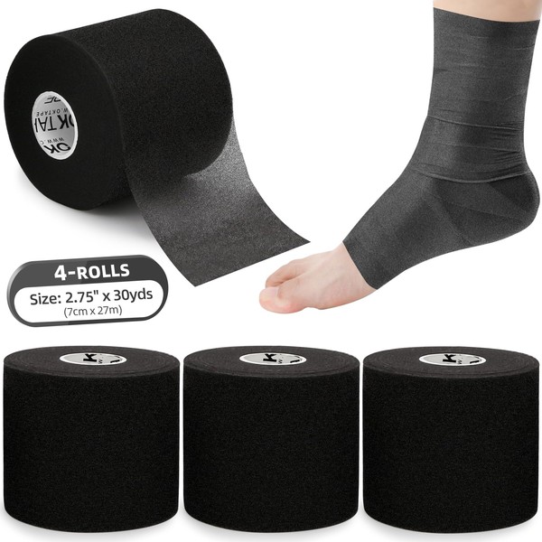 OK TAPE Pre Wrap Tape (4-Rolls) - Athletic Foam Underwrap for Sports, Protect for Ankles Wrists Hands and Knees, 2.75 Inches x 30 Yards - Black