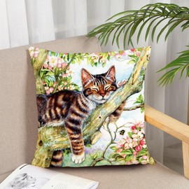 KUNQIAN Cat Cushion Cover Decorations Gift for Cat Lovers Pillow Cover Outdoor Tree Sleeping Decor Home Livingroom Couch Sofa 18"x18"(45x45cm)