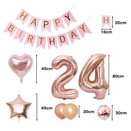 24th Birthday Balloons, Balloons, Decoration Set, Number Balloons, 24 Happy Birthday Garland, Heart Balloons, Confetti Balloons, Birthday Balloons, For Adults, Girls, Rose Pink
