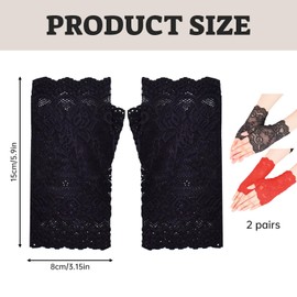 Pack of 2 Fingerless Gloves, Lace Gloves, Communion Gloves, Lace Gloves, Wedding Bridal Gloves, Women's Prom Sexy, Lolita for Gloves, Short, Elastic, Half-Finger Gloves, Black+red