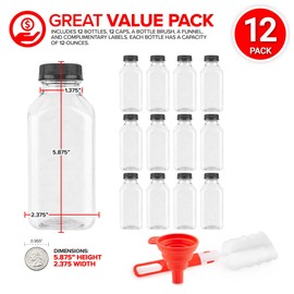 12 oz Juice Bottles with Caps for Juicing (12 pack) - Reusable Clear Empty Plastic Water Bottles - Drink Containers for Mini Fridge, Juicer Shots Includes Labels, Brush & Funnel