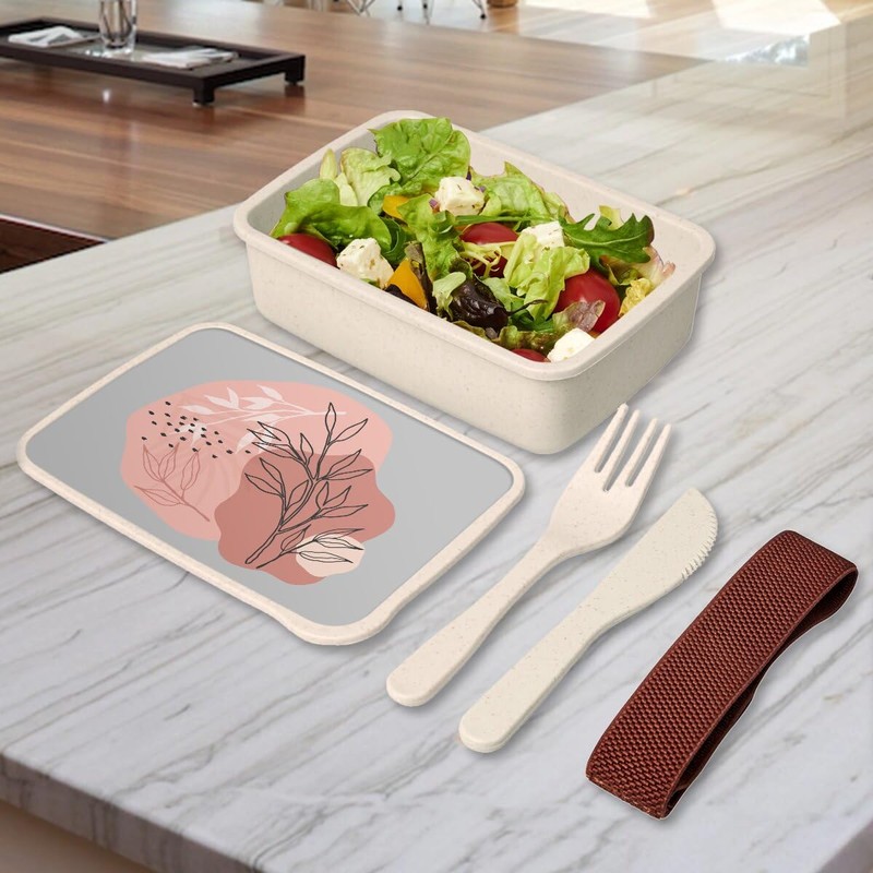 Lunch Box Lunchbox mit Besteck, Grau, einfache Blätter, minimalistisch, tropisch,