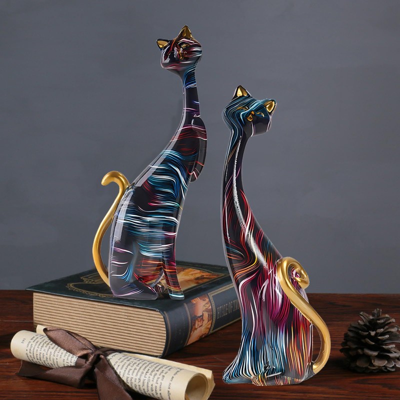 LIKEUDO Set of 2 Resin Cat Statues Sculptures Cat Figurine