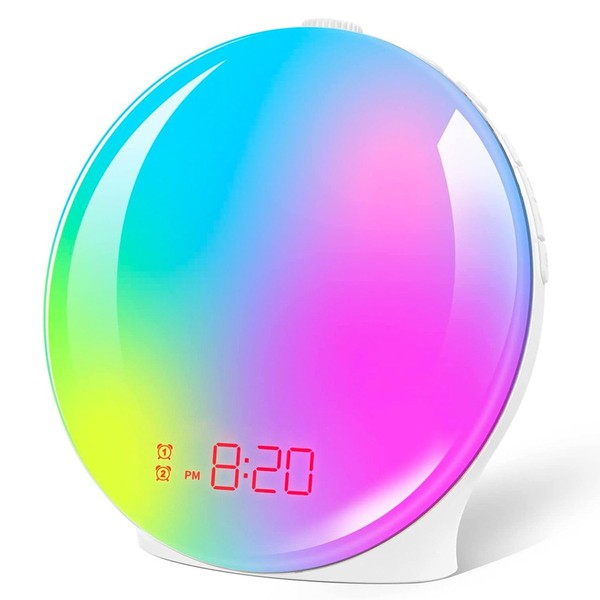 CLUHERTVY Alarm Clock Wake Up Light with Sunrise/Sunset Simulation Dual Alarms and Snooze Function, 10 Natural Sounds, 7 Colours Atmosphere Lamp and FM Radio, Built-in Phone Charging Port