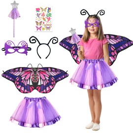 23GUANYI Schmetterling Kostüm Kinder, Karneval Kostüm Kinder Lila Tüllrock Mädchen mit Schmetterlingsflügel Haarreif Maske Feenstab Tattoos Schmetterlingskostüm Mädchen für Faschingskostüme kinder Cosplay