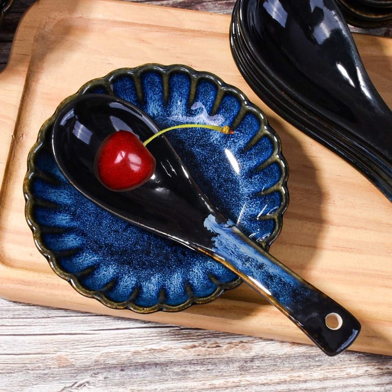 Japanese Soup Spoon set of 5, Blue and Black Vintage